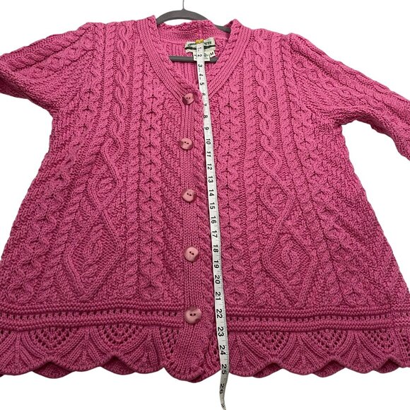 Aran Crafts Pink Cable Knit Merino Wool Cardigan Sweater M colorful pink scallop - Picture 8 of 10
